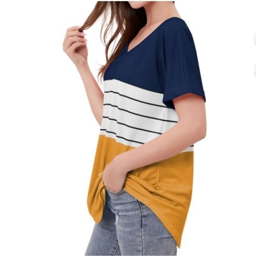 Womens Large Ptp 20.5" V-Neck Striped Short Sleeve Top Boho Shirt